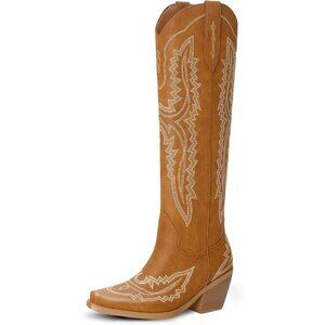 Women's Tan Knee High Cowgirl Pointed Toe Block Heel Embroidery Western Boots